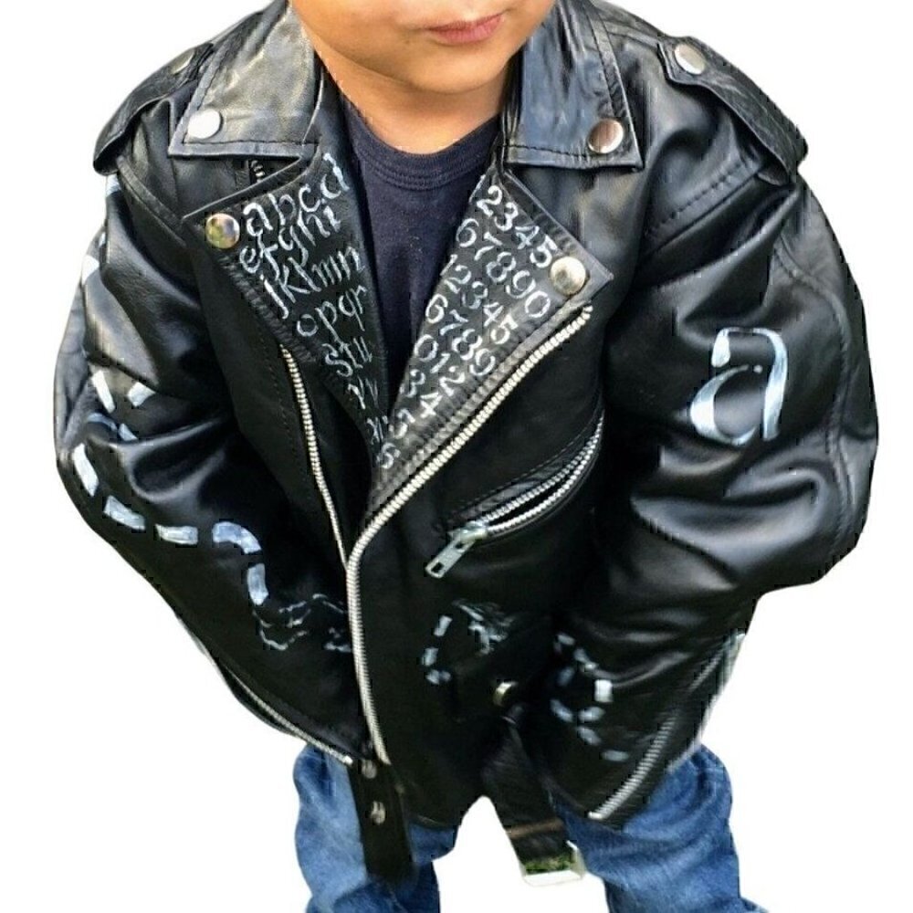 Black genuine leather biker motorcycle jacket hand painted images ABC's kids 4T